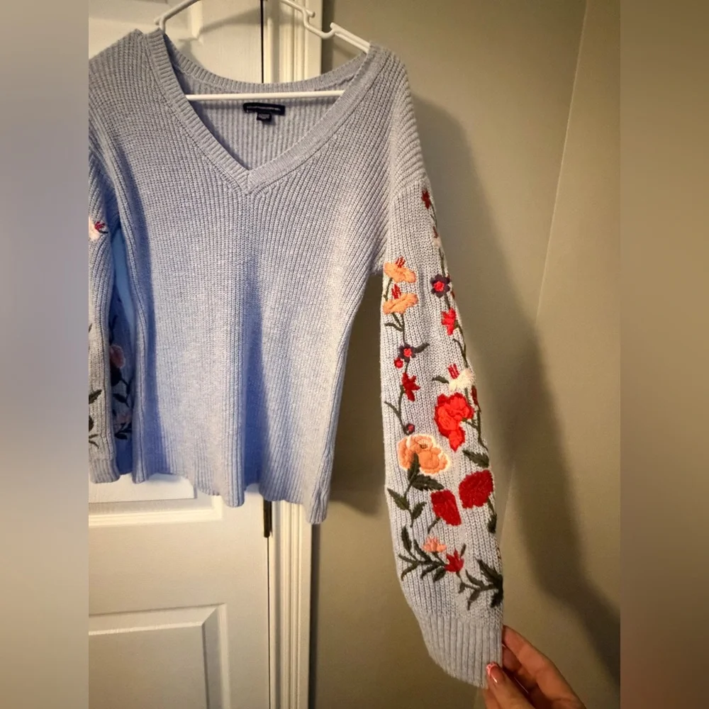 American Eagle Outfitters Light Gray V-Neck Sweater with Floral Embroidery - Picture 3 of 4